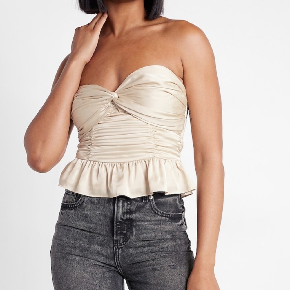 Express Satin Twist Front Peplum Tube Top